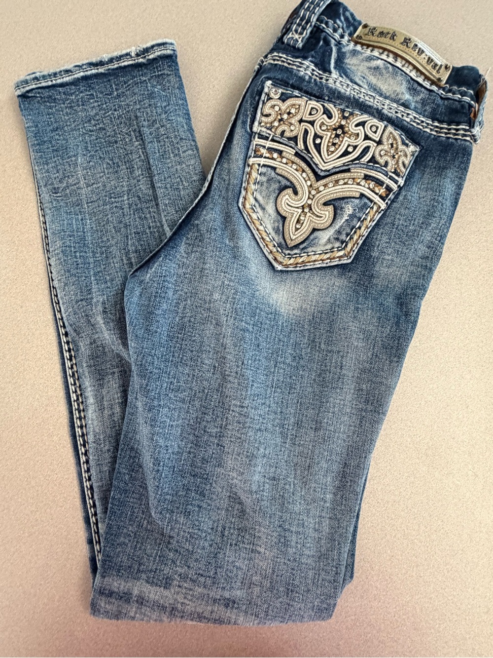 Rock Revival Light Blue Straight Leg Jeans with Embellished Back Pocket